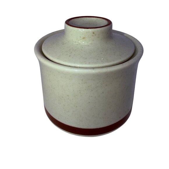 Vintage Kimco Stoneware Small Lidded Jar Sugar Bowl Brown Trim Made In Japan - Picture 2 of 5